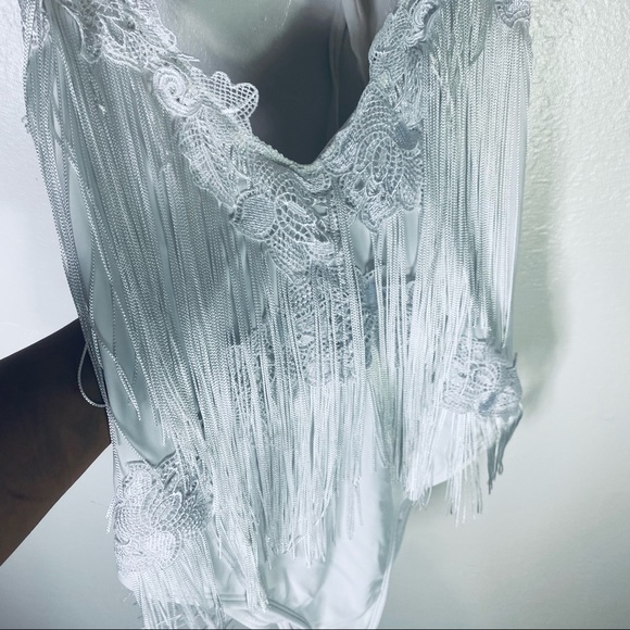 White Halter Top Deep V Fringe One Piece Bathing Suit By ASOS Swim - Picture 6 of 10